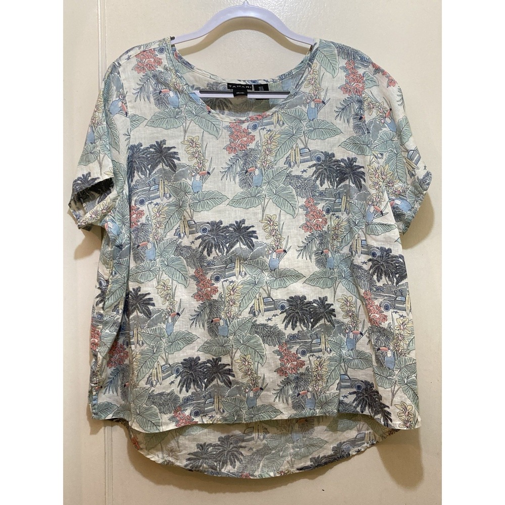 Tahari Women Linen Top 1X Tropical Palm Coastal Beach Lagenlook Relaxed Vacation